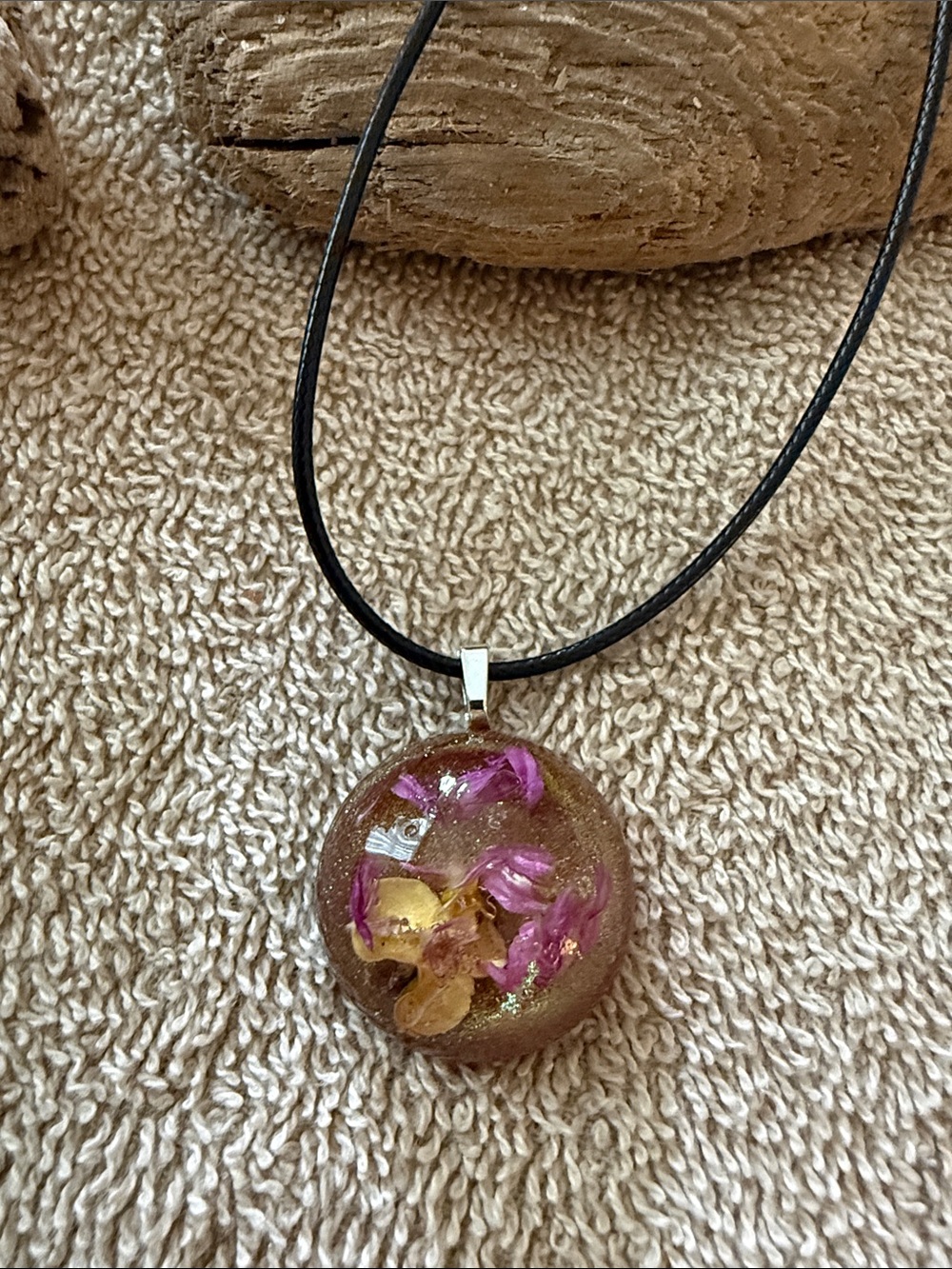 Hand Crafted Purple & Yellow Floral Resin Pendant Necklace on Black Cord